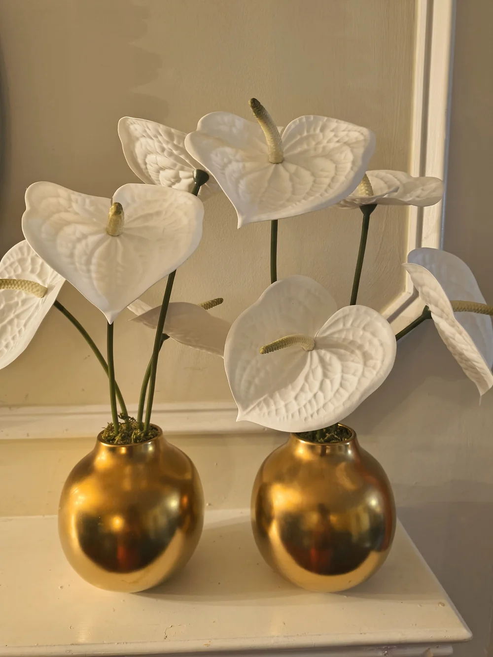 Set Of 2 White Anthurium Floral Arrangement in Gold Vase - Home Accents